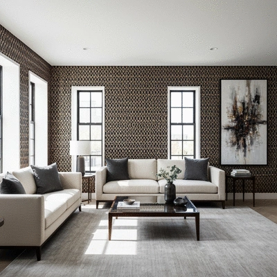 Modern living room with stylish wallpaper, natural lighting, no text, no words, no typography, 8K