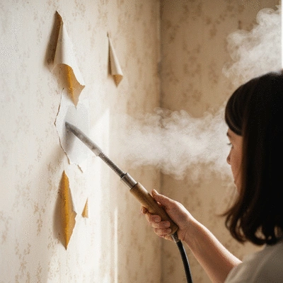 Person using a steam removal device on old wallpaper