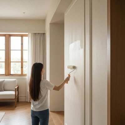A homeowner carefully painting an interior wall with a roller, showing good technique