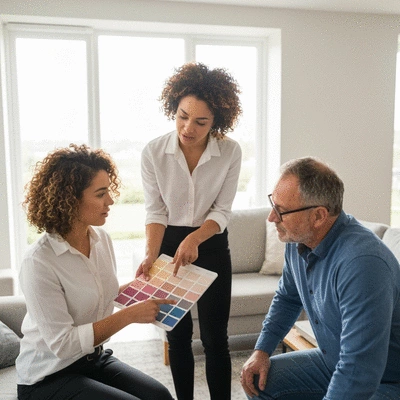 Interior designer showing paint swatches to a Watford homeowner in a brightly lit living room