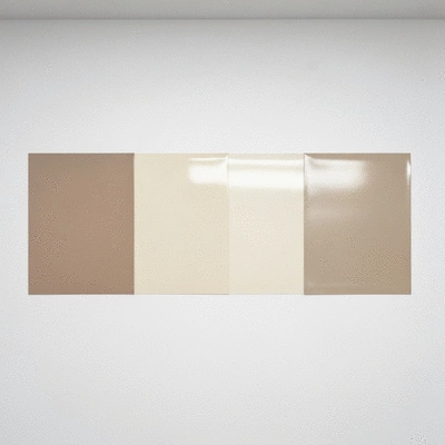 Swatches of matte, eggshell, and satin paint finishes on a wall