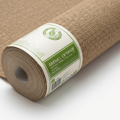 A roll of natural fiber wallpaper with a green certification label visible