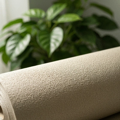 Close-up of eco-friendly wallpaper rolls made from natural fibers, with a plant in the background, clean image, no text, no words, no typography, 8K