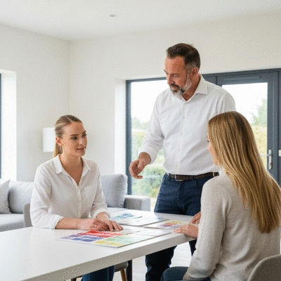Paint contractor discussing color options with a client in a modern Watford home