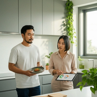 Homeowner reviewing eco-friendly paint samples with an interior designer