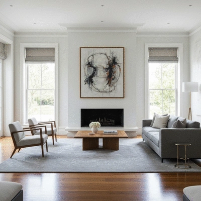 Modern living room with stylish wallpaper and contemporary furniture