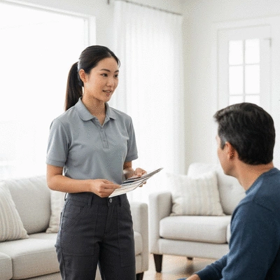 Professional painter showing a homeowner paint samples, clean image