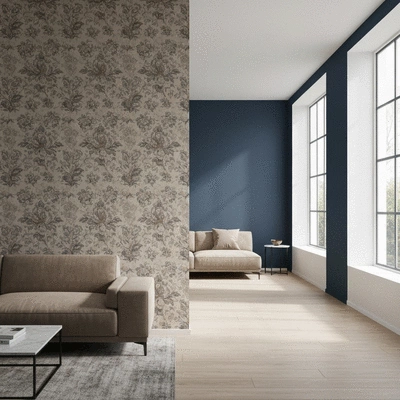 Modern living room with one wall featuring elegant wallpaper and another wall painted a contrasting solid color, no text, no words, no typography, clean image