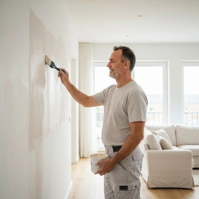 Interior painter applying eco-friendly paint in a modern home