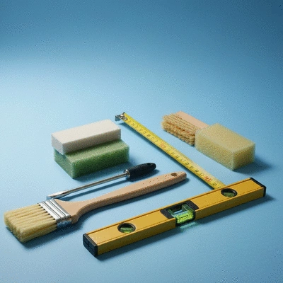 Assortment of wallpaper preparation tools on a clean surface