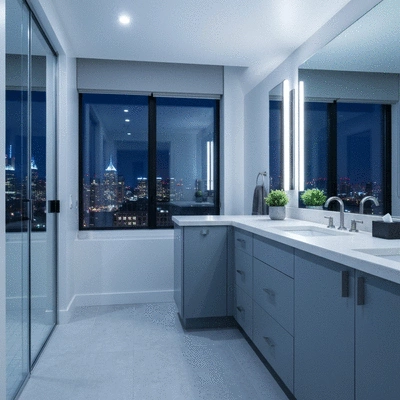 Modern kitchen with semi-gloss painted cabinets and walls