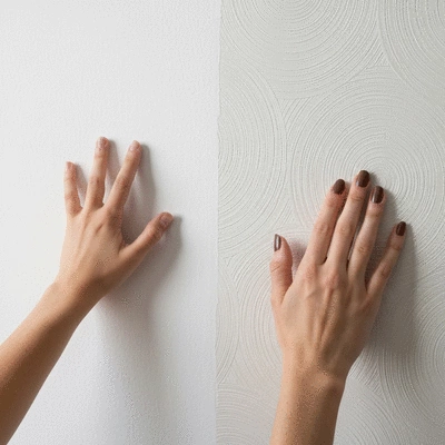 Close-up of a hand touching a freshly painted wall and another hand touching a textured wallpaper, showing durability, no text, no words, no typography, clean image
