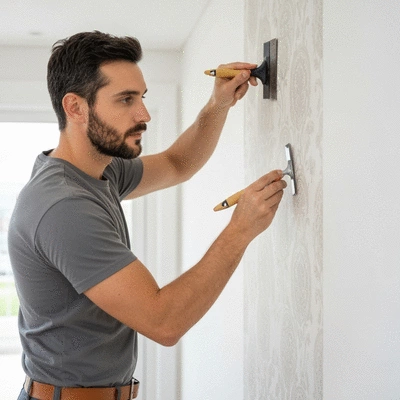 Professional painter applying wallpaper with precision tools in a modern home, no text, no words, no typography, 8K