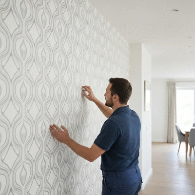 Professional painter and decorator inspecting wallpaper in a home