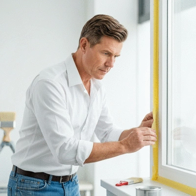 Professional painter applying masking tape around a window frame with precision