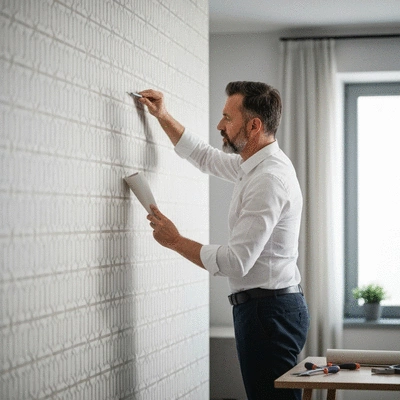 Professional decorator applying wallpaper to a wall with precision and care