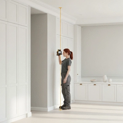Interior painter measuring a room with a laser measure, focus on room size and layout, clean modern aesthetic, no text, no words, no typography, clean image, 400x300