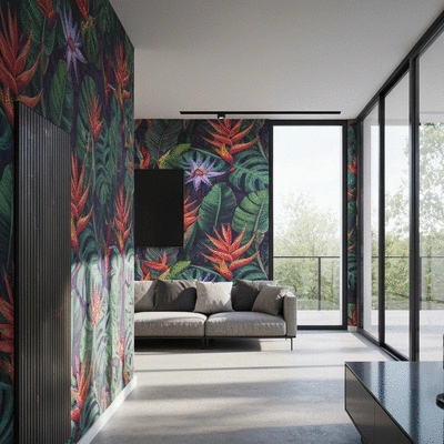 Vibrant, nature-inspired wallpaper with bold colors in a modern home, no text, no words, no typography, 8K